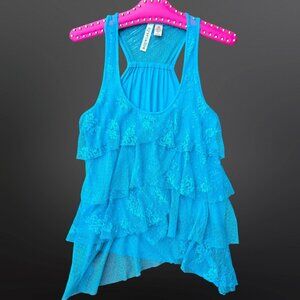 Y2K Blue Turquoise Lace Mesh Ruffle Babydoll Top Size M Mermaid Fairy Mcbling